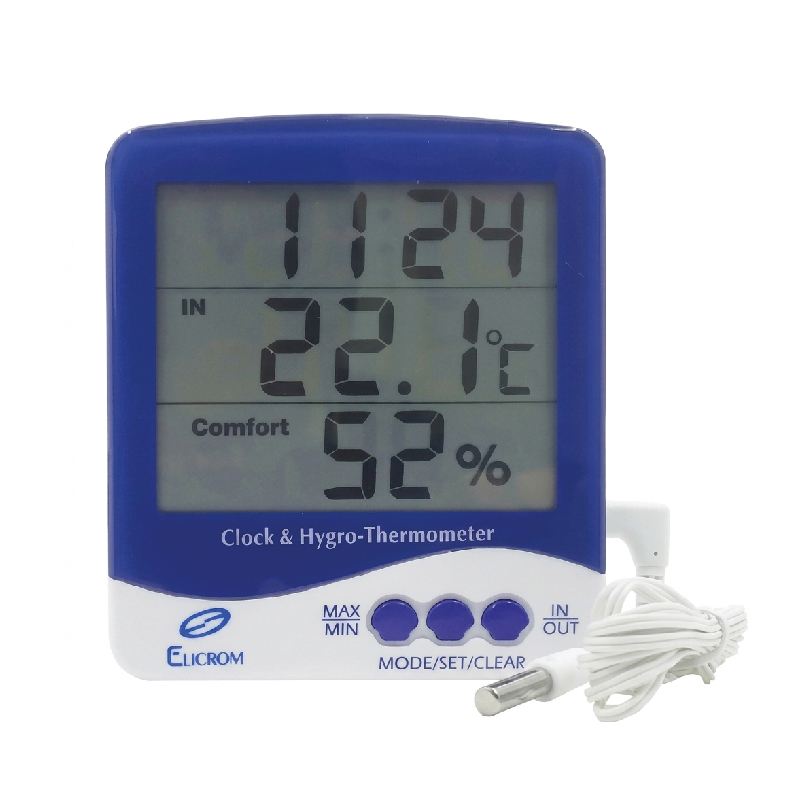 TERMOHIGROMETRO CON SONDA EXTERNO Y RELOJ